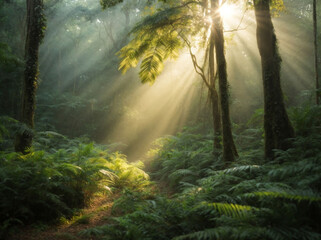 The sun's rays illuminate the leaves and trees of the dense forest
