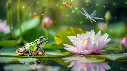 A Spotted Frog Sits on a Lily Pad