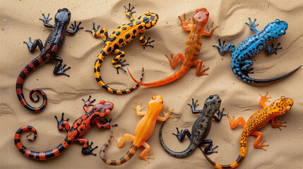 A Group of Colorful Salamanders on Sand