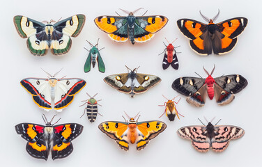 A Group of Colorful Moths on a White Background