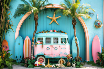 Ocean tropical themed background of a vintage van,palm trees, surf boards and sea shells - 748350941