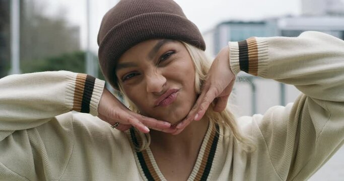 City, funny and face of gen z woman with style, fun and student on campus in morning. Crazy portrait, cool or urban fashion, college girl with positive attitude, street clothes or goofy personality.