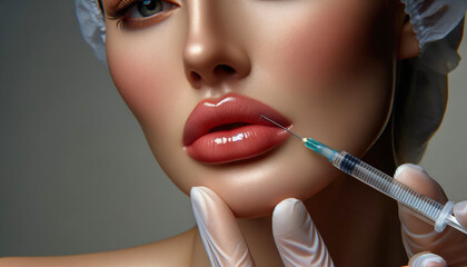 A close-up view of a cosmetic treatment woman injected a lip filler. Beauty and aesthetic medicine concept. National Beautician Day.