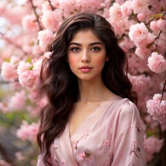 Naklejka premium Sweet young girl near a blossoming peach tree