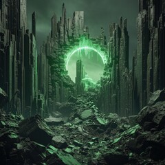 a green light coming from a stone arch