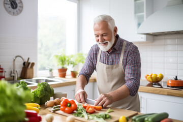 Handsome mature man husband father cooking vegetable salad in the kitchen at home, preparing vegetarian food meal cutting bell pepper on cutting board. Homemade meal