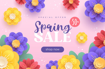 Spring sale pink square banner with stylised flowers