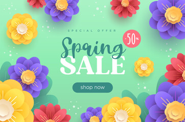 Spring sale green square banner with stylised flowers