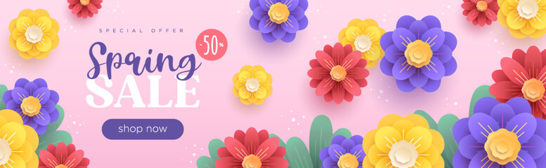 Spring sale pink long banner with stylised flowers