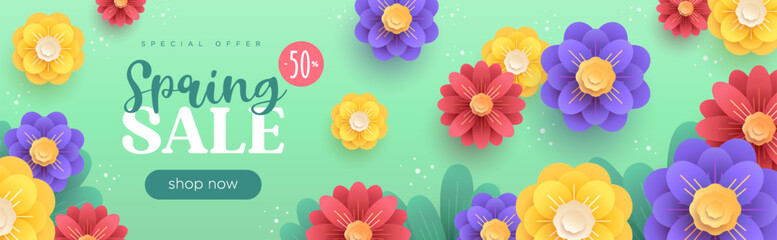 Spring sale green long banner with stylised flowers