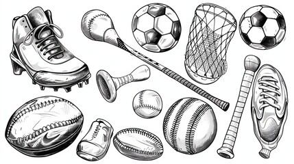 doodles, vector, line, freehand ink of sports items, line variations - obrazy, fototapety, plakaty