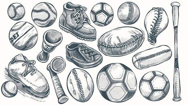 doodles, vector, line, freehand ink of sports items, line variations