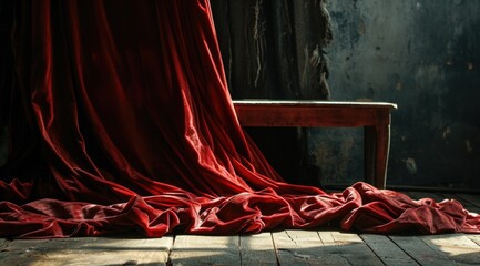 a red velvet curtain on a wooden floor
