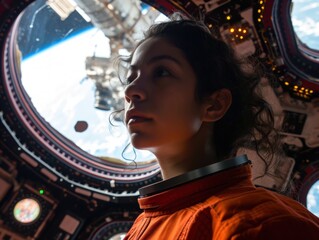 a woman in an orange space suit looking out of a window - Powered by Adobe