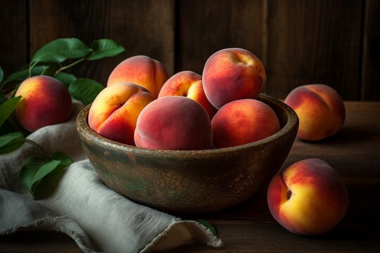 Still Life Painting of Bowl of Peaches on Rustic Wooden Table, Vibrant colors peach fuzz textures