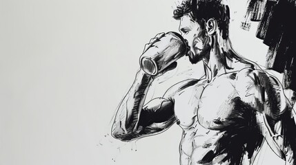man drinking protein shake, gym, drawing, felt pen, minimalistic, clean black lines 