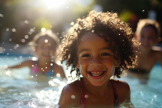 Diverse young children enjoy swimming lessons in pool, learning water safety skills