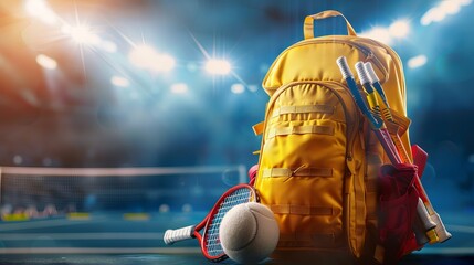 Outdoor Sports Background, Badminton Racket, Ball, Sports Backpack, The backpacks are all shown on the screen Stadium Background