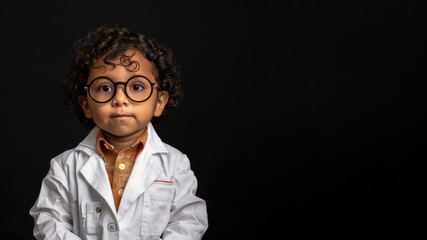 latina merican boy dressed up as a Scientist isolated on black background 