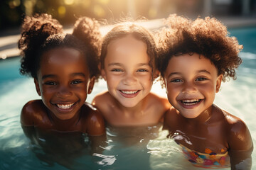 Diverse young children enjoy swimming lessons in pool, learning water safety skills - obrazy, fototapety, plakaty