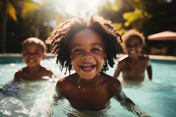 Diverse young children enjoy swimming lessons in pool, learning water safety skills - obrazy, fototapety, plakaty