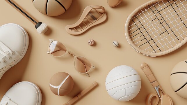 product photo of sports accessories, neutral beige background, minimalism style