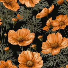 Seamless orange cosmos flowers illustration pattern on black background, wedding wallpaper design. Generative ai