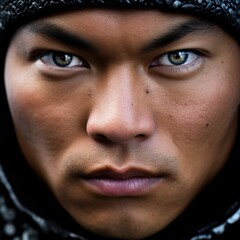 Obraz premium a man with green eyes wearing a black hood