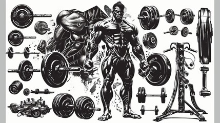 Sticker sheet, bodybuilding equipment, simple, black ink in white background  - obrazy, fototapety, plakaty