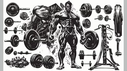 Foto op Plexiglas Sticker sheet, bodybuilding equipment, simple, black ink in white background  © Zahid