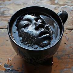 a black mug with a face in it