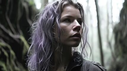 a woman with long hair in a forest
