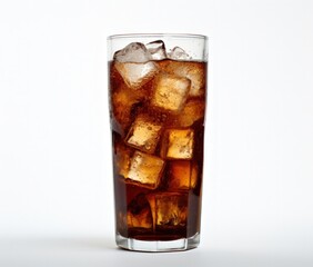 a glass of ice tea with brown liquid