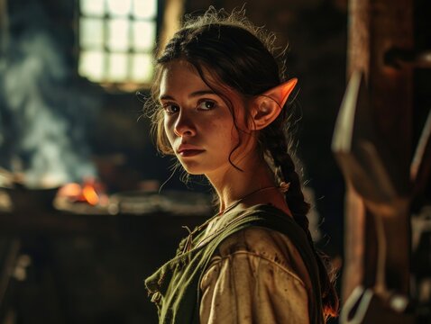 a woman with elf ears looking at the camera