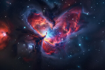 Heart-shaped nebula in deep space, with vibrant hues and sparkling stars, symbolizing infinite love and mystery
