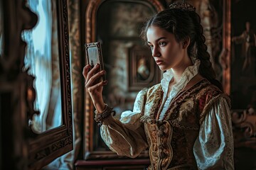 Social Media Creative History, Girl with Phone As Renaissance Antique Model, Vintage Princess with Smartphone - obrazy, fototapety, plakaty