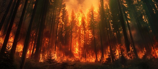 A fire blazes through a forest filled with trees, engulfing the landscape in flames as the intense heat transforms the serene setting into a raging inferno. - obrazy, fototapety, plakaty