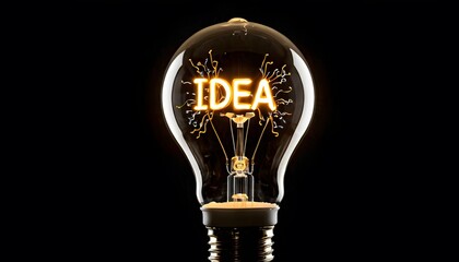 A solitary lightbulb casts a warm glow, showcasing 'IDEA' as a bright filament. The image represents a single moment of clarity in the darkness. AI generation AI generation