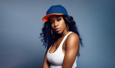 Female rapper in white top tank and baseball cap. Portrait of a hip hop lady artist. Copy space
