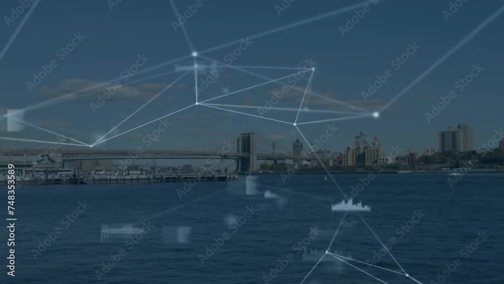 Poster animation of network of connections with data processing over cityscape
