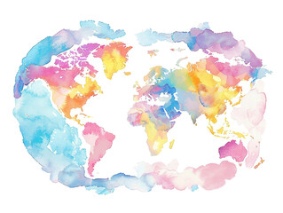 Illustration of planet map in style of colored watercolor on white background