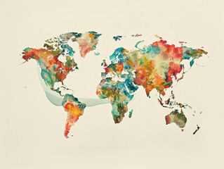 Illustration of planet map in style of colored watercolor on beige background