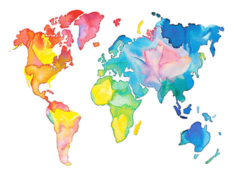 Illustration of planet map in style of colored watercolor on white