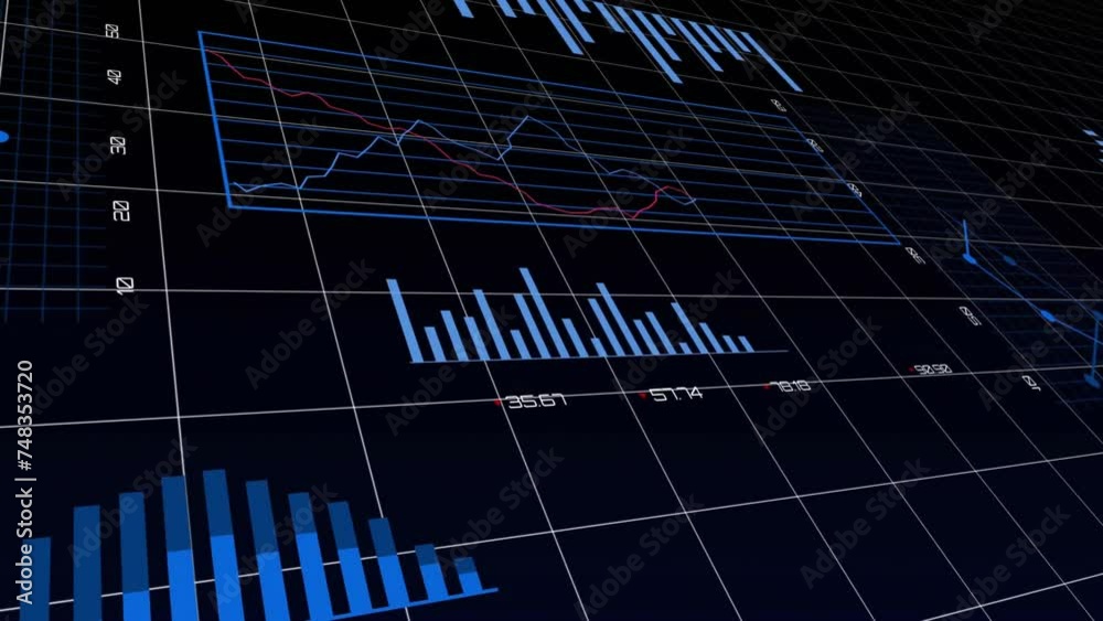 Poster animation of network of connections with data processing and diagrams over black background