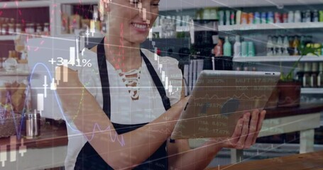 Animation of data processing and diagrams over caucasian female barista using tablet in cafe - Powered by Adobe
