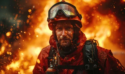 Poster A firemen using fire hose to extinguish a fire © piai