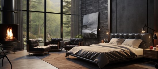 A spacious bedroom with a large window allowing natural light to flood the room. A comfortable bed is the central focus, covered in cozy leather bedding.