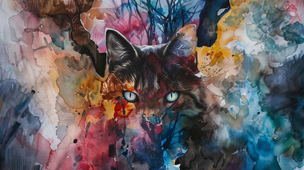Abstract Watercolor Painting of a Cat with Vibrant Hues.