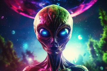 a alien with glowing eyes - obrazy, fototapety, plakaty