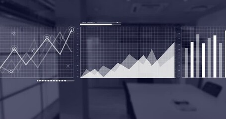 Animation of financial data processing over empty office - Powered by Adobe